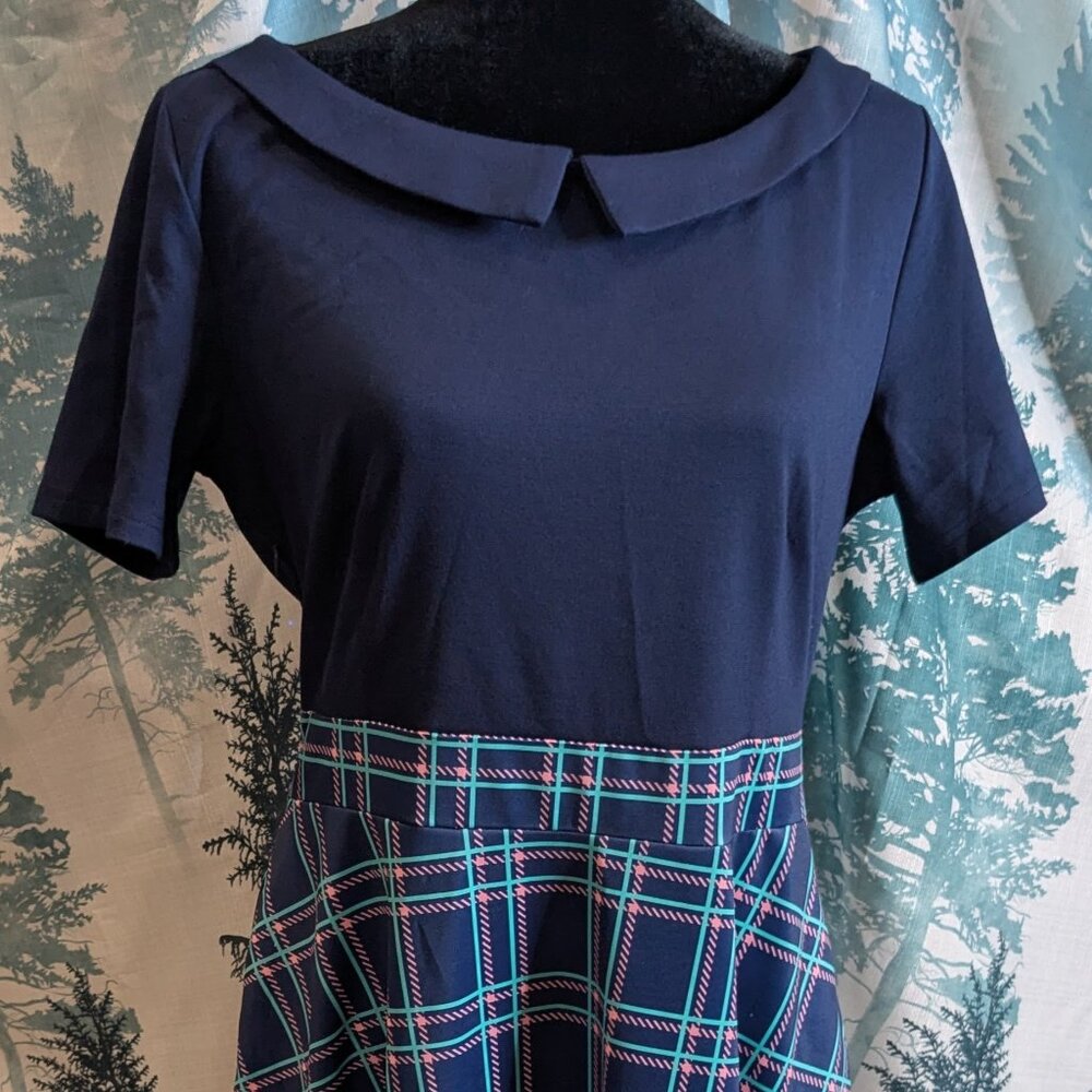 Helyo Navy Fit & Flare Dress with Plaid Skirt | Size XL